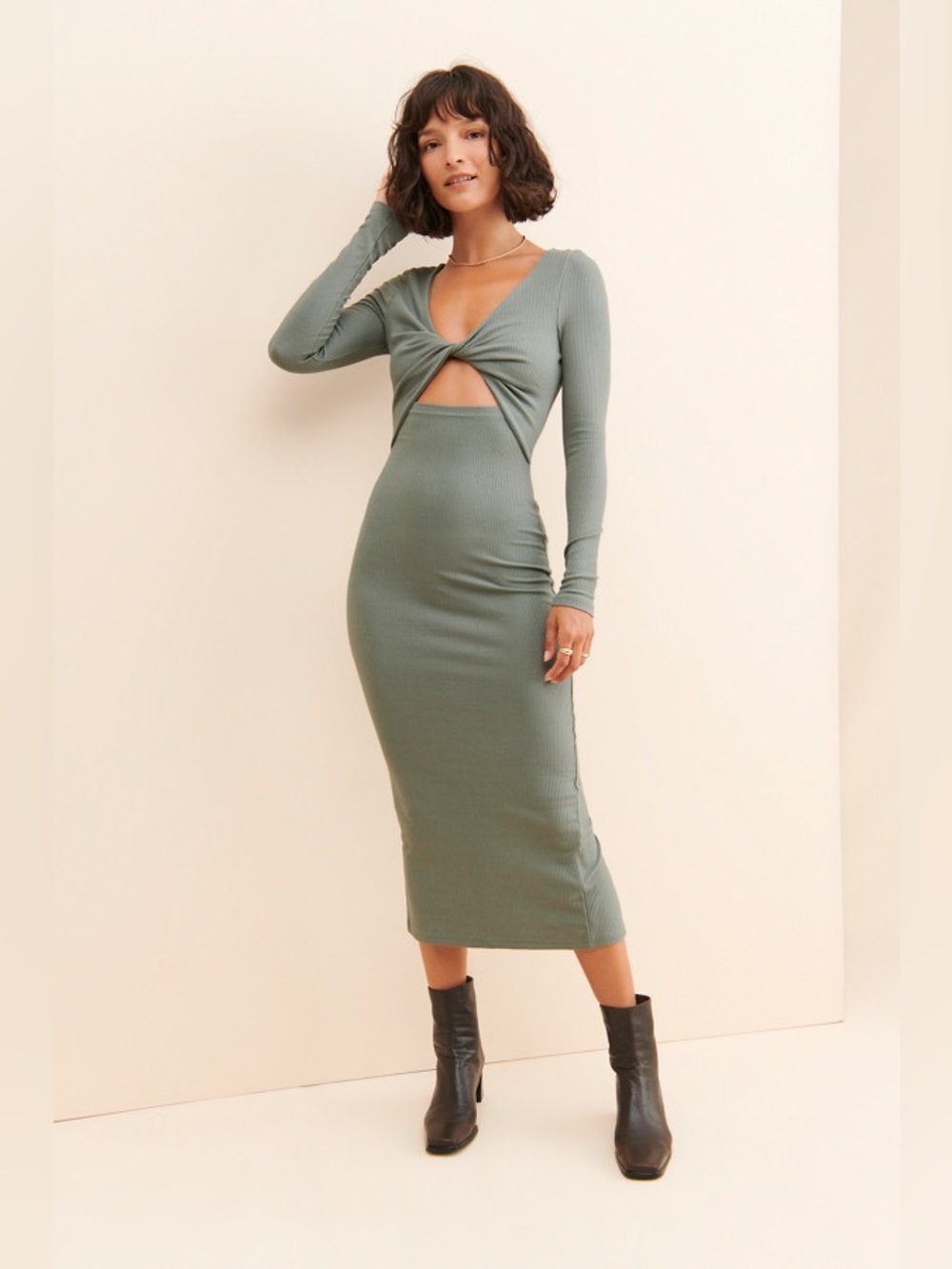 MINKPINK Yoko Twist Front Cutout Midi Dress in Sage, Size Medium